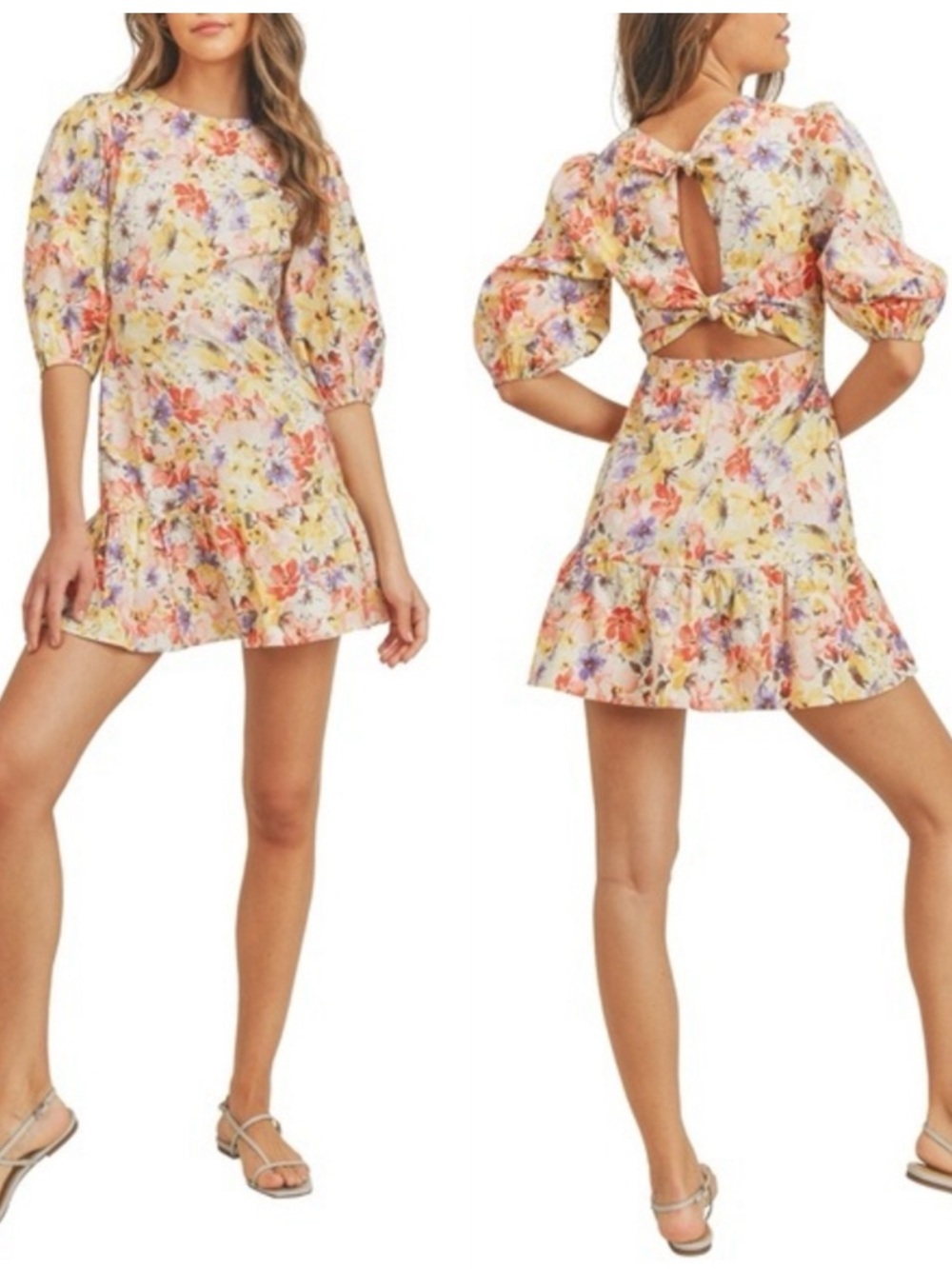 Lush Floral Puff Sleeve Tie Back Mini Dress in Yellow Floral Size Small